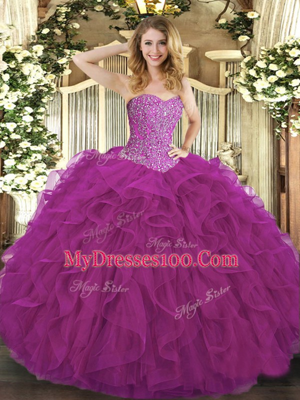 Amazing Sleeveless Tulle Floor Length Lace Up Quinceanera Gowns in Fuchsia with Beading and Ruffles