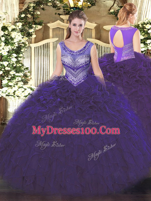 Pretty Purple Lace Up Sweet 16 Dresses Beading and Ruffles Sleeveless Floor Length