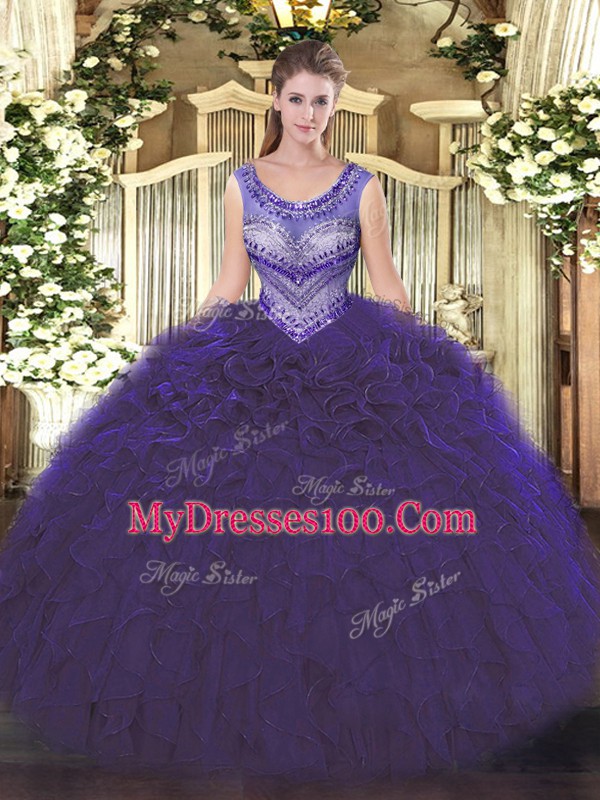 Pretty Purple Lace Up Sweet 16 Dresses Beading and Ruffles Sleeveless Floor Length