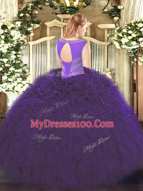 Pretty Purple Lace Up Sweet 16 Dresses Beading and Ruffles Sleeveless Floor Length