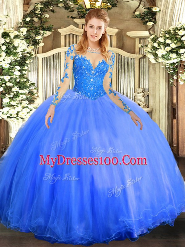 Luxurious Blue Ball Gowns Scoop Long Sleeves Tulle Floor Length Lace Up Lace Quinceanera Gown