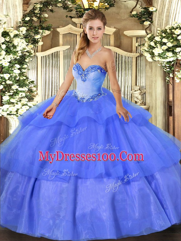 Popular Blue Sweetheart Lace Up Beading and Ruffled Layers Quinceanera Dress Sleeveless