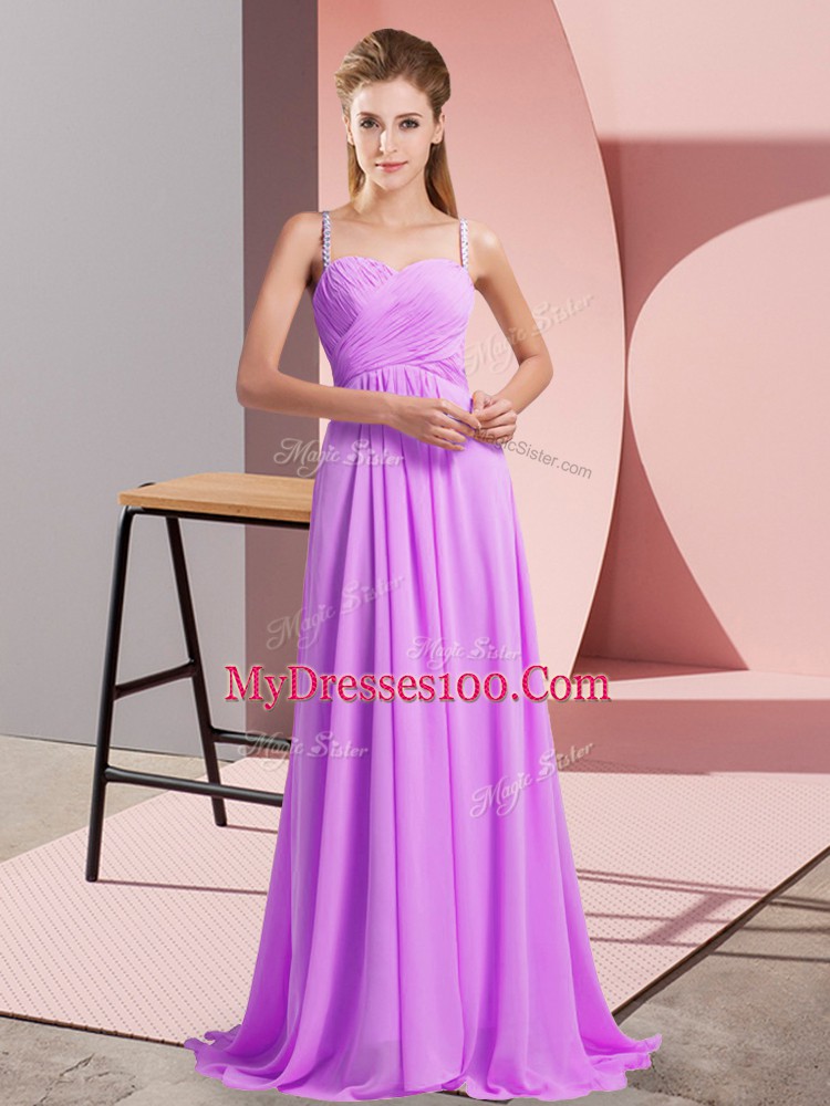 Stylish Lilac Spaghetti Straps Neckline Ruching Prom Party Dress Sleeveless Backless