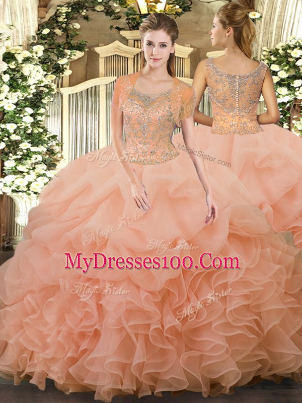 Affordable Peach Quinceanera Gowns Military Ball and Sweet 16 and Quinceanera with Beading and Ruffled Layers Scoop Sleeveless Clasp Handle