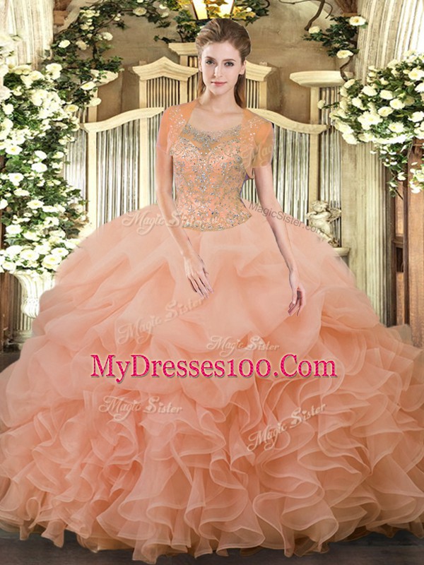 Affordable Peach Quinceanera Gowns Military Ball and Sweet 16 and Quinceanera with Beading and Ruffled Layers Scoop Sleeveless Clasp Handle