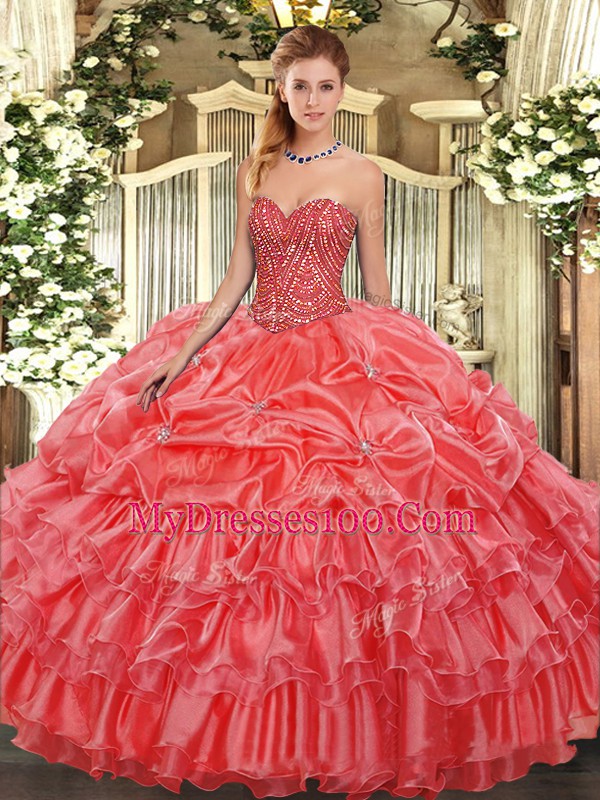 Sweetheart Sleeveless Organza Vestidos de Quinceanera Beading and Ruffles and Pick Ups Lace Up