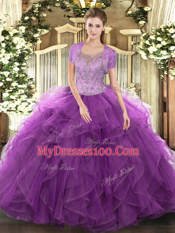 Floor Length Eggplant Purple Ball Gown Prom Dress Scoop Sleeveless Clasp Handle