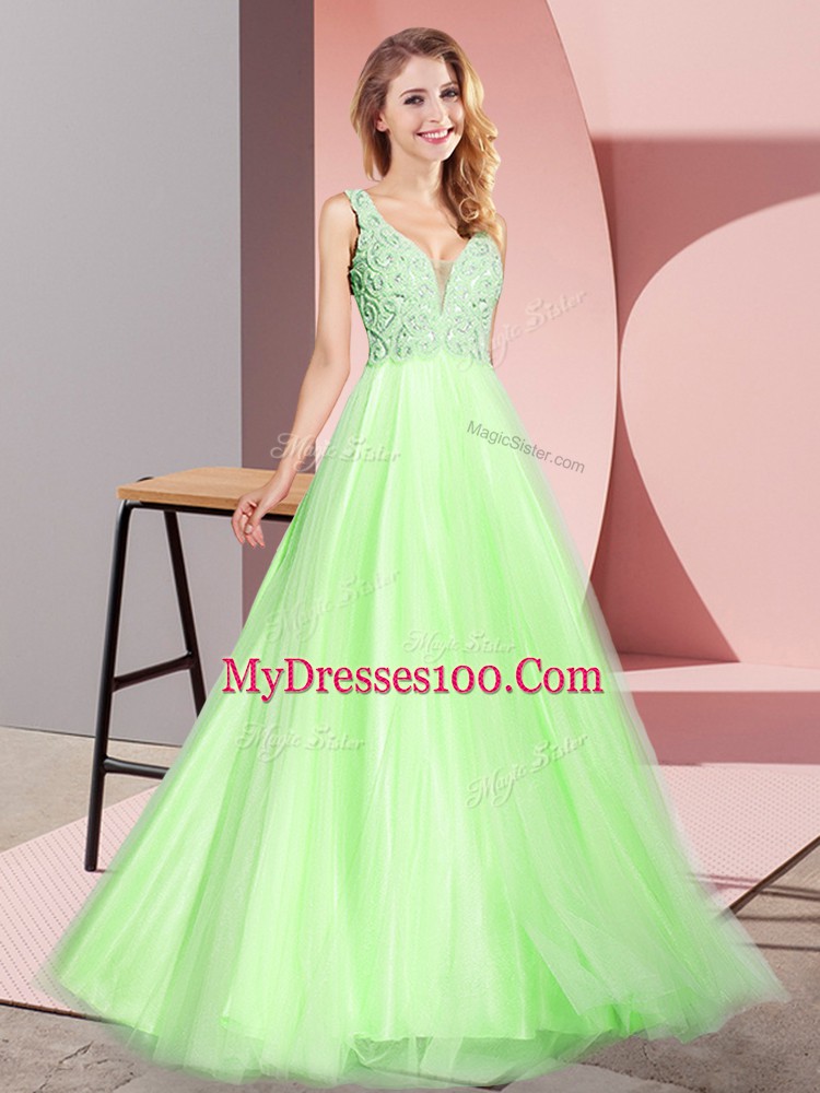 Yellow Green V-neck Neckline Lace Sleeveless Zipper