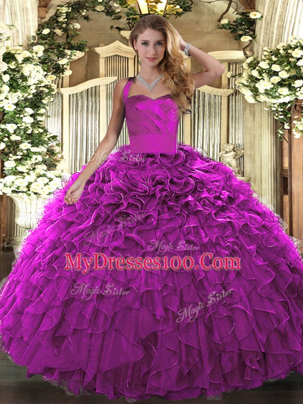 Most Popular Fuchsia Ball Gowns Ruffles Sweet 16 Dress Lace Up Organza Sleeveless Floor Length