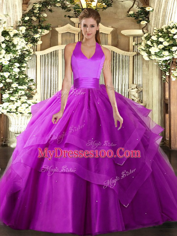 Fuchsia Ball Gowns Tulle Halter Top Sleeveless Ruffled Layers Floor Length Lace Up Vestidos de Quinceanera