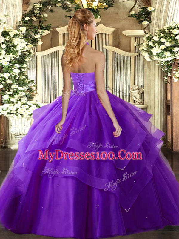 Fuchsia Ball Gowns Tulle Halter Top Sleeveless Ruffled Layers Floor Length Lace Up Vestidos de Quinceanera