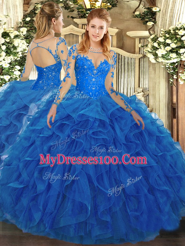 Inexpensive Scoop Long Sleeves Tulle Sweet 16 Dress Lace and Ruffles Lace Up