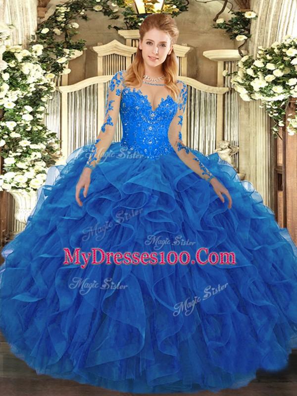 Inexpensive Scoop Long Sleeves Tulle Sweet 16 Dress Lace and Ruffles Lace Up