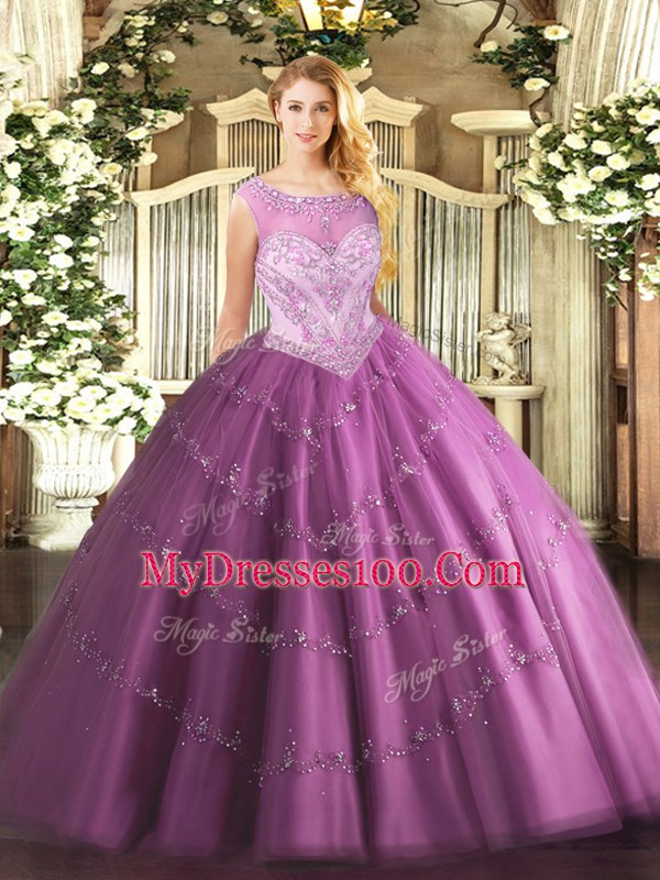 Custom Design Lilac Ball Gowns Tulle Scoop Sleeveless Beading Floor Length Zipper Quinceanera Dress