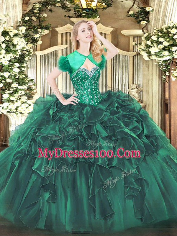 Dark Green Sleeveless Beading and Ruffles Floor Length Quinceanera Gown
