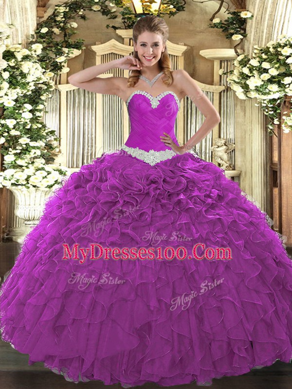 New Style Fuchsia Organza Lace Up Quinceanera Gown Sleeveless Floor Length Appliques and Ruffles