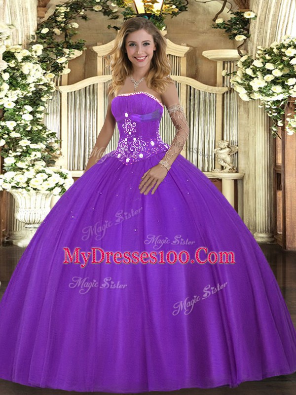 Floor Length Purple Vestidos de Quinceanera Strapless Sleeveless Lace Up