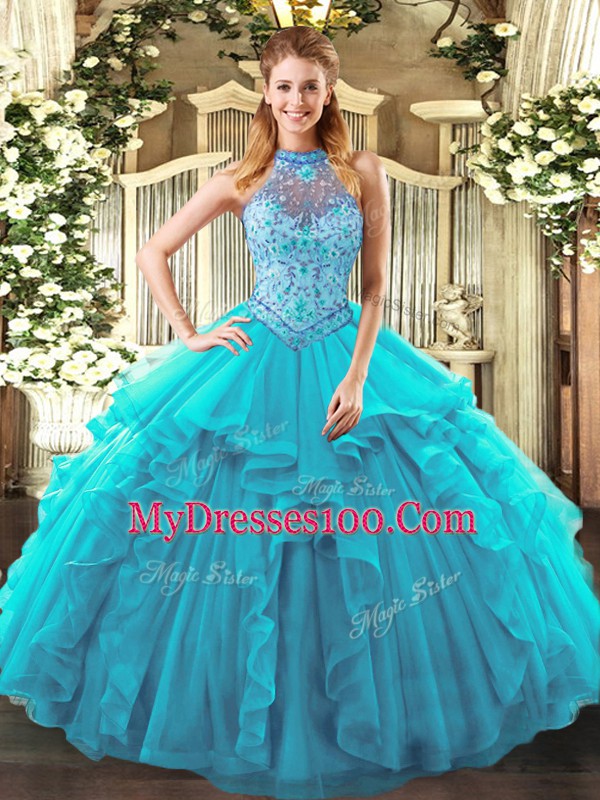 New Style Teal Halter Top Lace Up Beading and Ruffles Quinceanera Dresses Sleeveless