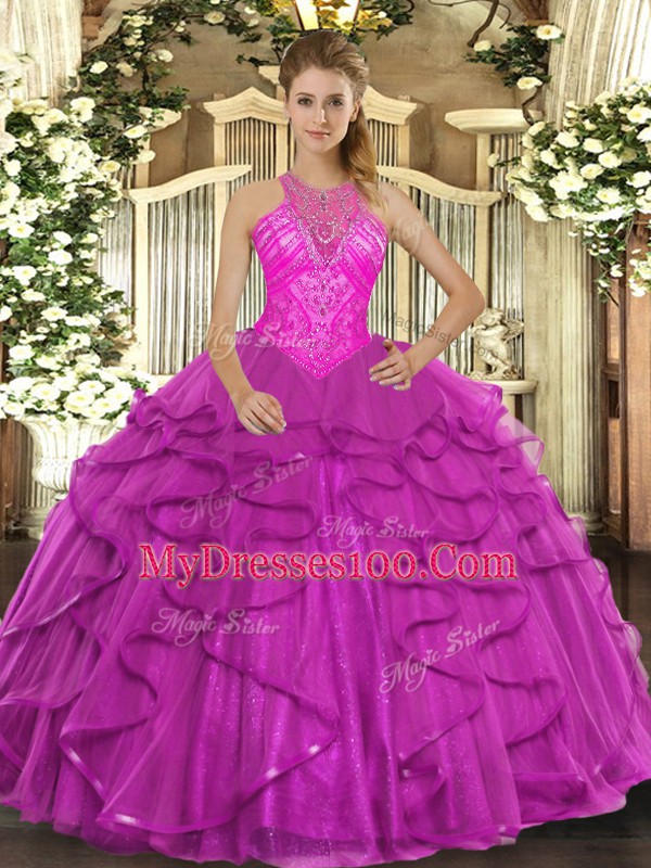 Ball Gowns Quinceanera Dresses Fuchsia High-neck Organza Sleeveless Floor Length Lace Up