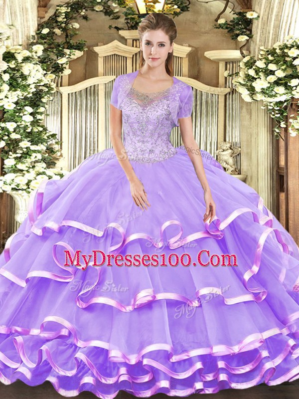 Lavender Scoop Neckline Beading and Ruffled Layers Ball Gown Prom Dress Sleeveless Lace Up