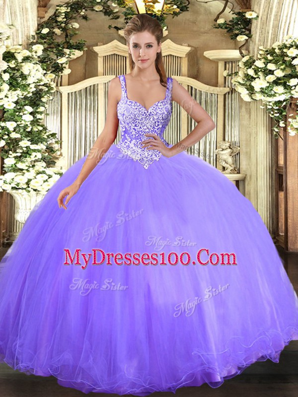 Sexy Sleeveless Floor Length Beading Lace Up Quinceanera Dresses with Lavender