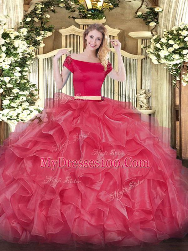 Off The Shoulder Short Sleeves Ball Gown Prom Dress Floor Length Appliques and Ruffles Coral Red Organza