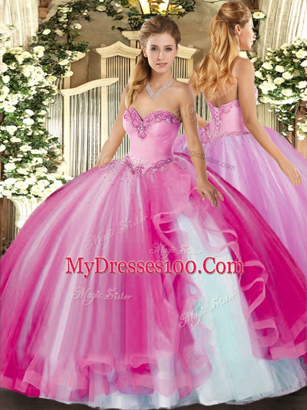 Fancy Fuchsia Sweetheart Neckline Beading and Ruffles Quince Ball Gowns Sleeveless Lace Up