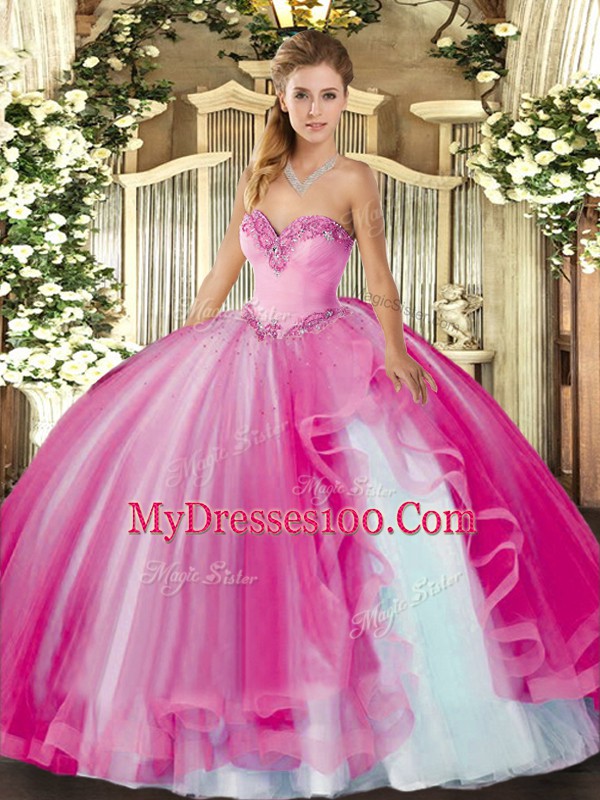 Fancy Fuchsia Sweetheart Neckline Beading and Ruffles Quince Ball Gowns Sleeveless Lace Up