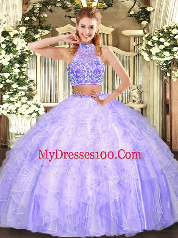 Attractive Floor Length Lavender Quinceanera Gown Halter Top Sleeveless Criss Cross