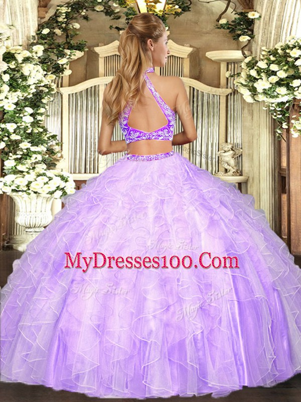 Attractive Floor Length Lavender Quinceanera Gown Halter Top Sleeveless Criss Cross