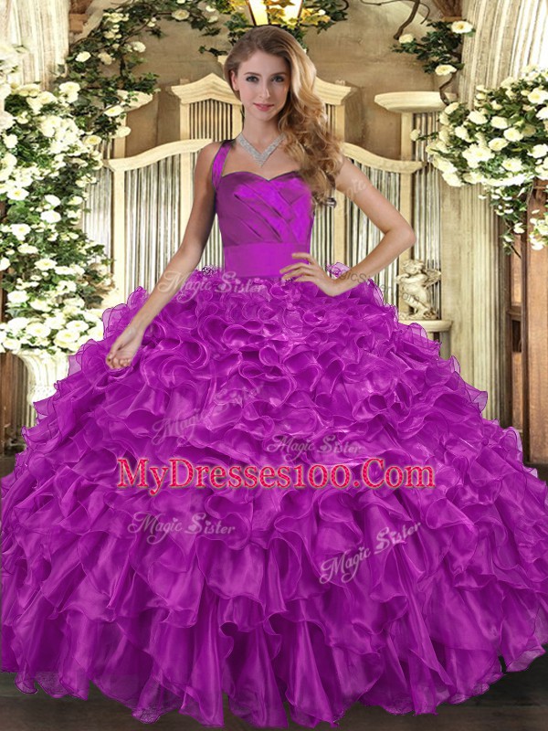 High End Fuchsia Sleeveless Ruffles Floor Length Vestidos de Quinceanera