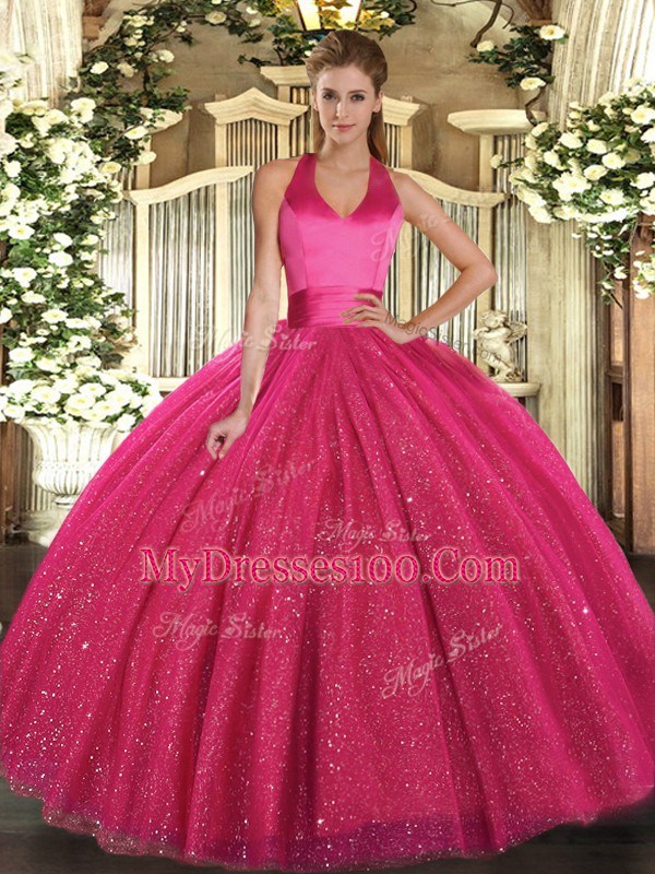 Hot Pink Halter Top Lace Up Sequins 15th Birthday Dress Sleeveless