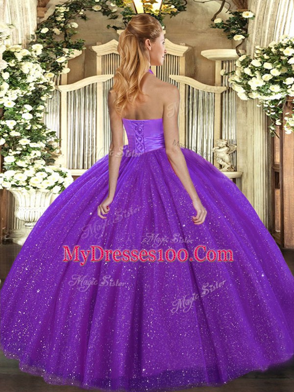 Hot Pink Halter Top Lace Up Sequins 15th Birthday Dress Sleeveless