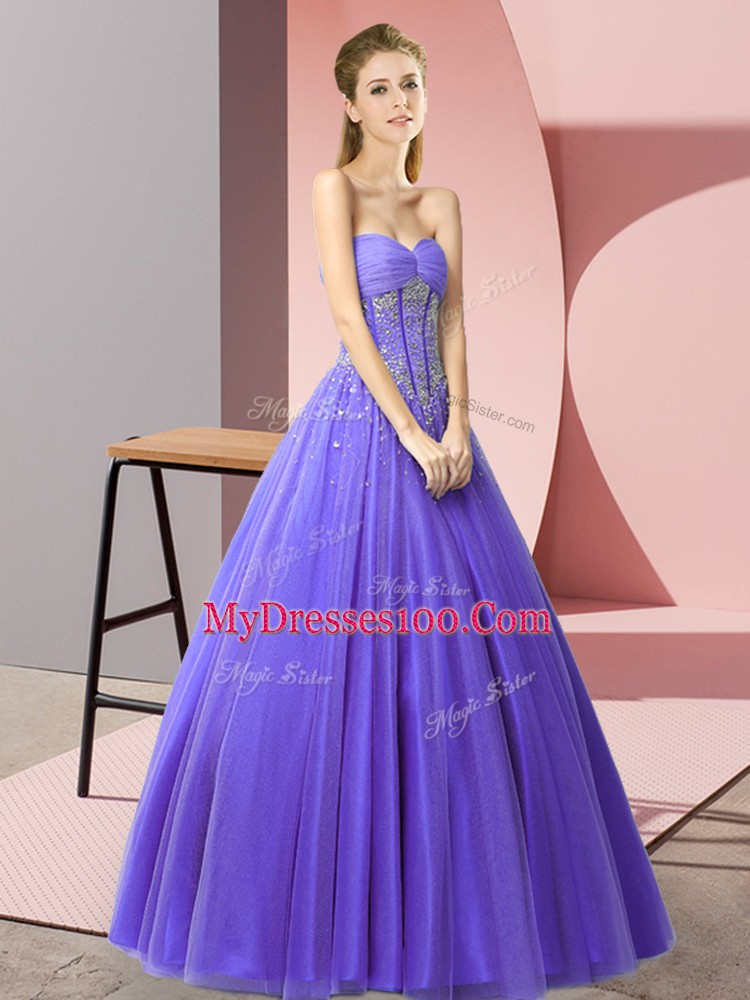 Lavender Tulle Lace Up Evening Dress Sleeveless Floor Length Beading