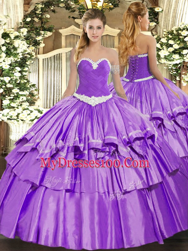 Lavender Organza and Taffeta Lace Up Sweetheart Sleeveless Floor Length Sweet 16 Quinceanera Dress Appliques and Ruffled Layers