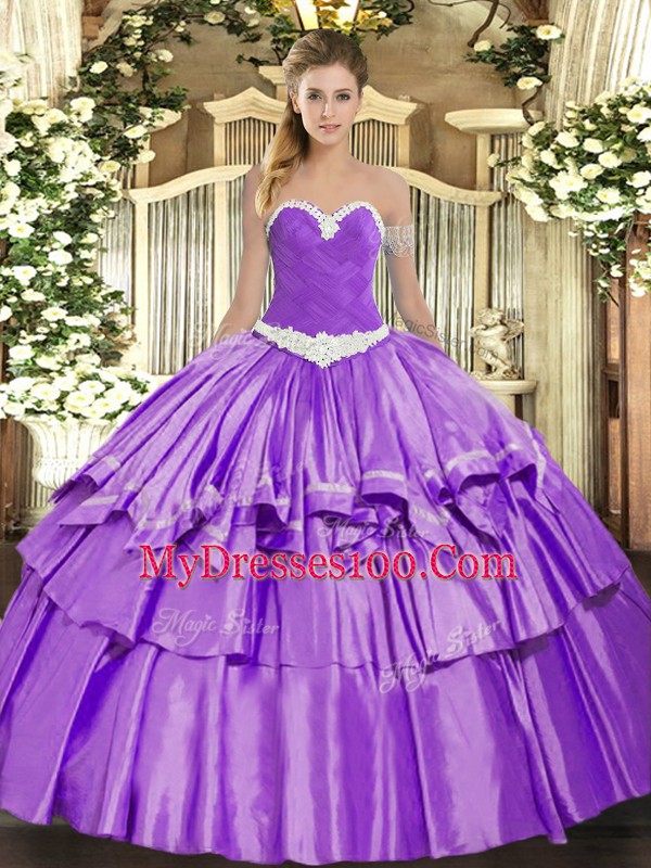Lavender Organza and Taffeta Lace Up Sweetheart Sleeveless Floor Length Sweet 16 Quinceanera Dress Appliques and Ruffled Layers