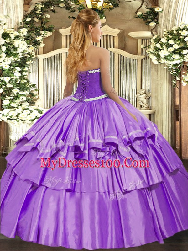 Lavender Organza and Taffeta Lace Up Sweetheart Sleeveless Floor Length Sweet 16 Quinceanera Dress Appliques and Ruffled Layers