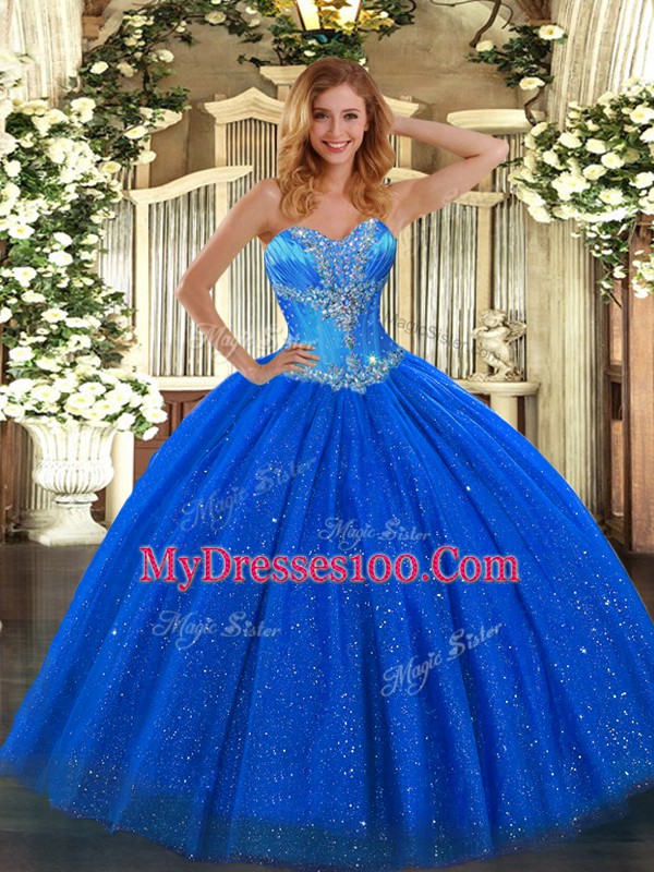 Charming Royal Blue Sleeveless Tulle and Sequined Lace Up 15th Birthday Dress for Sweet 16 and Quinceanera