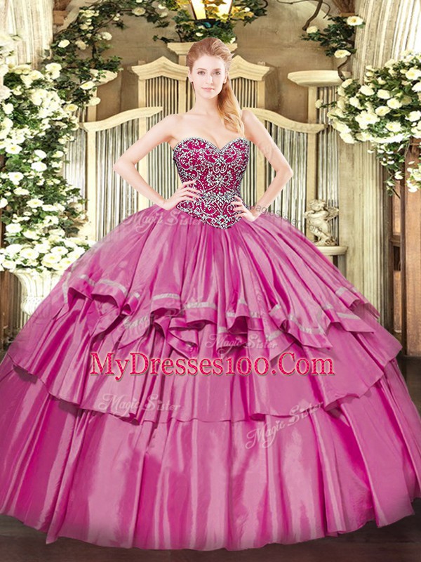Suitable Pink Ball Gowns Organza and Taffeta Sweetheart Sleeveless Beading and Ruffled Layers Floor Length Lace Up Quince Ball Gowns