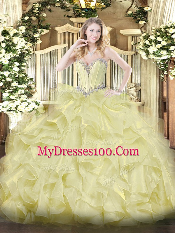 Yellow Sweetheart Lace Up Beading and Ruffles Quince Ball Gowns Sleeveless