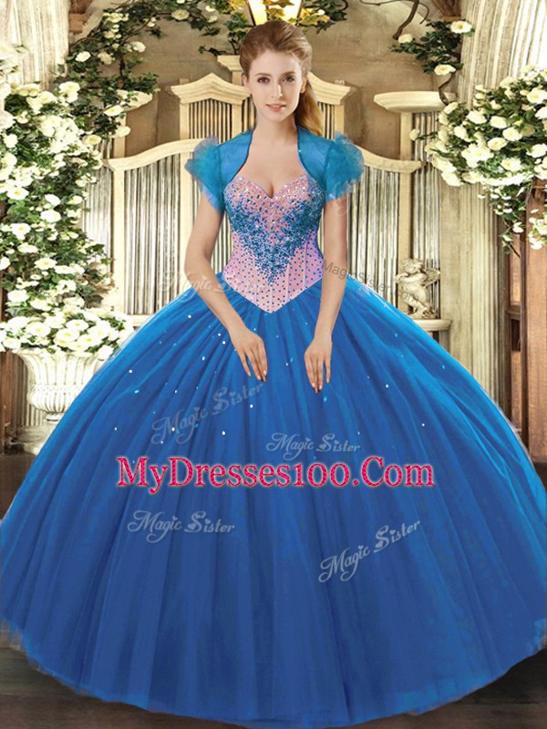Sophisticated Sweetheart Sleeveless Quinceanera Dresses Floor Length Beading Blue Tulle