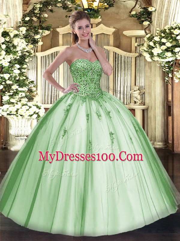 Best Sleeveless Tulle Floor Length Lace Up Vestidos de Quinceanera in Apple Green with Beading and Appliques