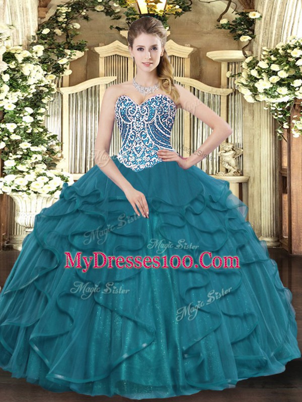 Floor Length Teal Sweet 16 Dresses Tulle Sleeveless Beading and Ruffles