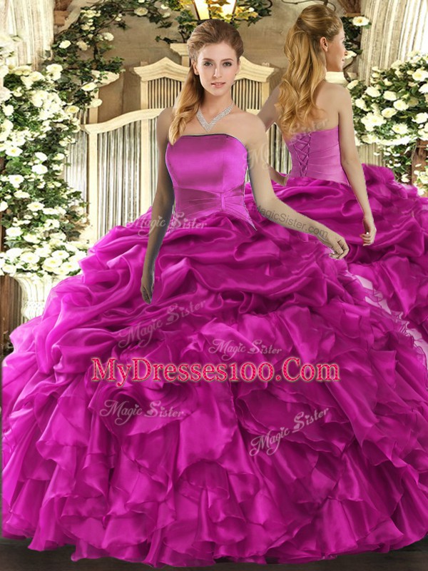 Low Price Floor Length Fuchsia Sweet 16 Quinceanera Dress Strapless Sleeveless Lace Up
