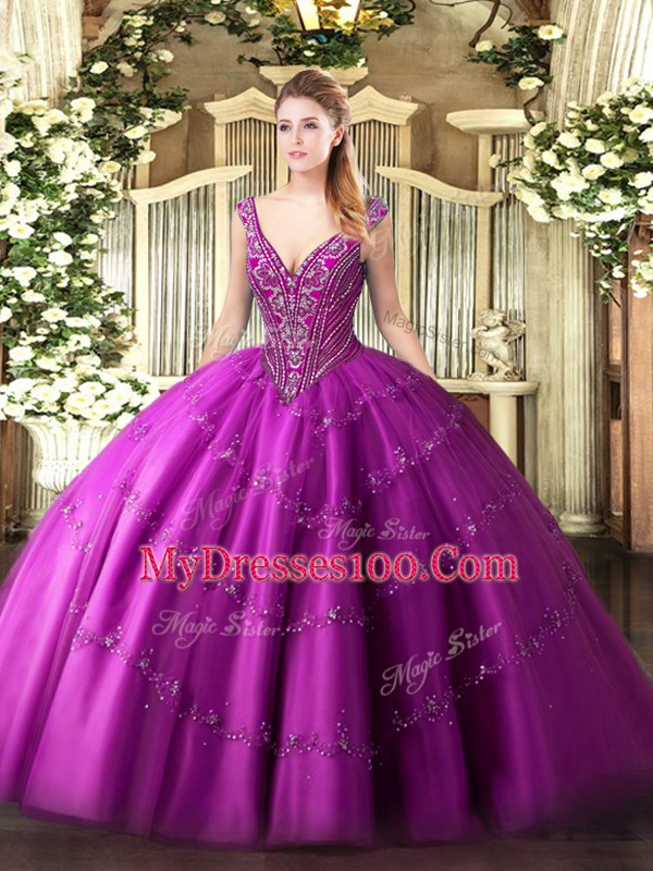 Beautiful Fuchsia Vestidos de Quinceanera Military Ball and Sweet 16 and Quinceanera with Beading and Appliques V-neck Sleeveless Lace Up