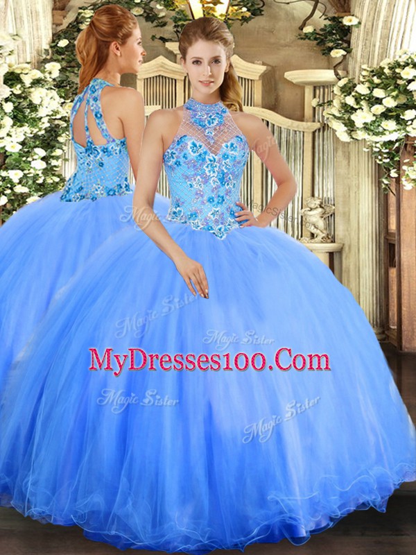 Chic Floor Length Blue Vestidos de Quinceanera Tulle Sleeveless Embroidery