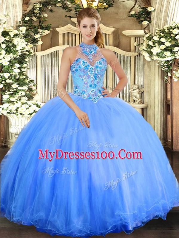 Chic Floor Length Blue Vestidos de Quinceanera Tulle Sleeveless Embroidery