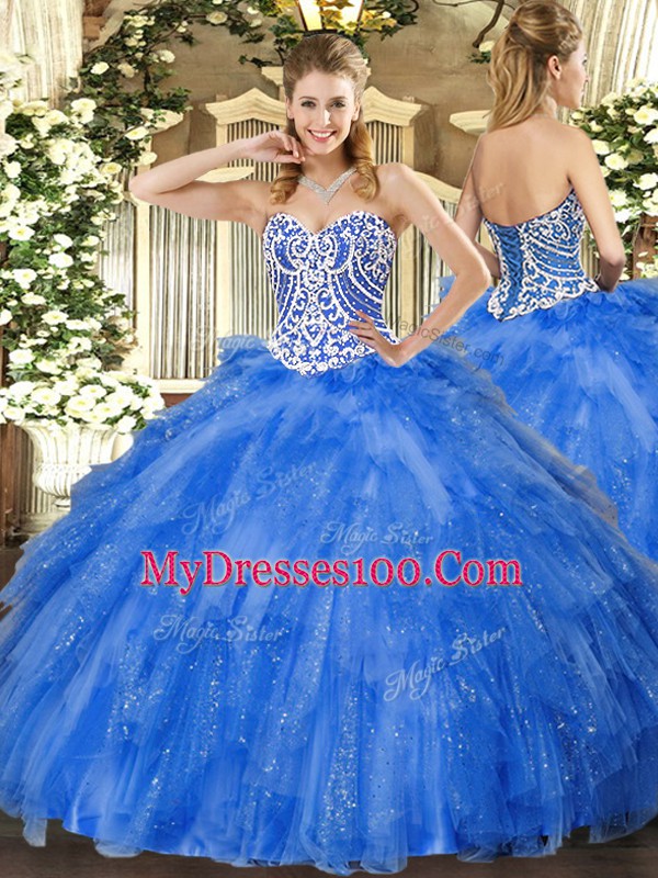 Fantastic Blue Ball Gown Prom Dress Military Ball and Sweet 16 and Quinceanera with Beading and Ruffles Sweetheart Sleeveless Lace Up