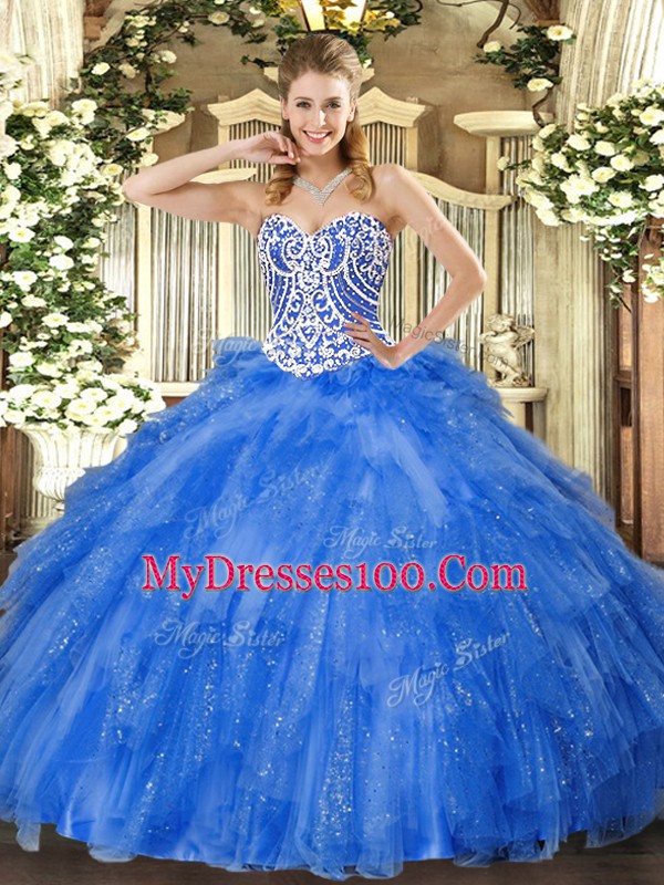 Fantastic Blue Ball Gown Prom Dress Military Ball and Sweet 16 and Quinceanera with Beading and Ruffles Sweetheart Sleeveless Lace Up