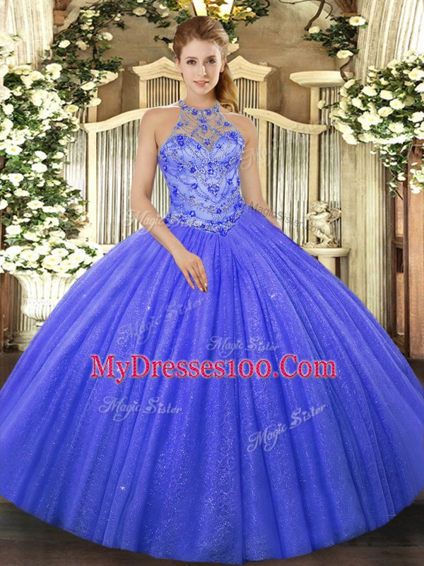 Delicate Blue Sleeveless Tulle Lace Up Sweet 16 Dresses for Military Ball and Sweet 16 and Quinceanera